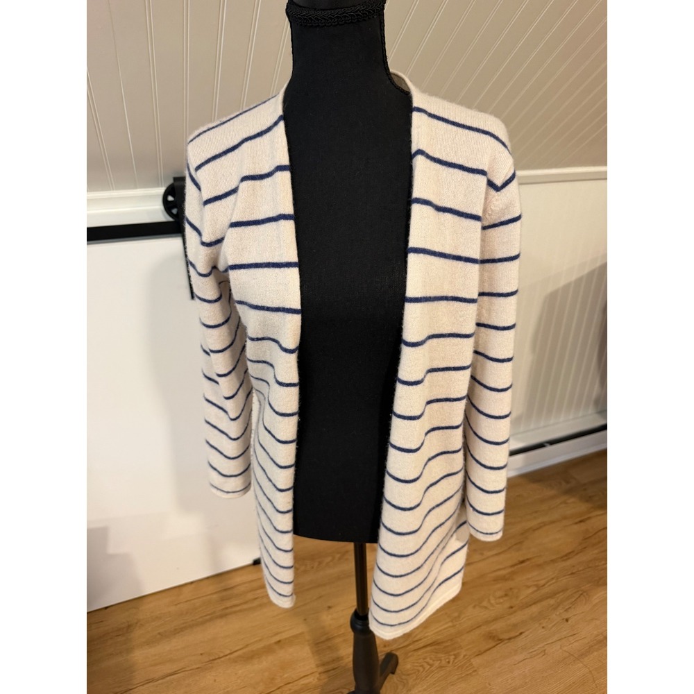 Garnet Hill Womens Cashmere Striped Longline Open Front Cardigan Cream Blue M